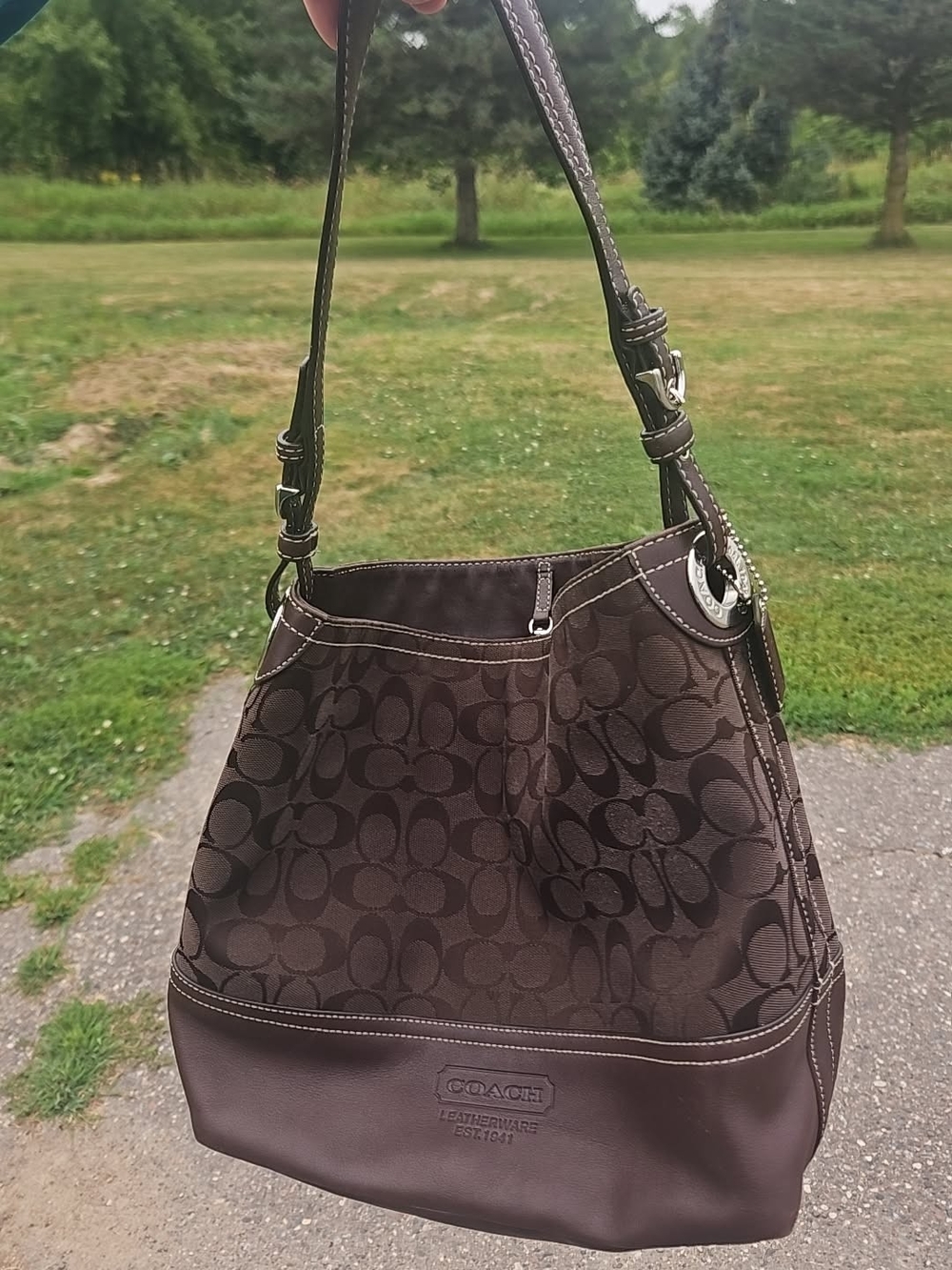 Coach Dark Brown Hobo Signature Jacquard Shoulder Bag